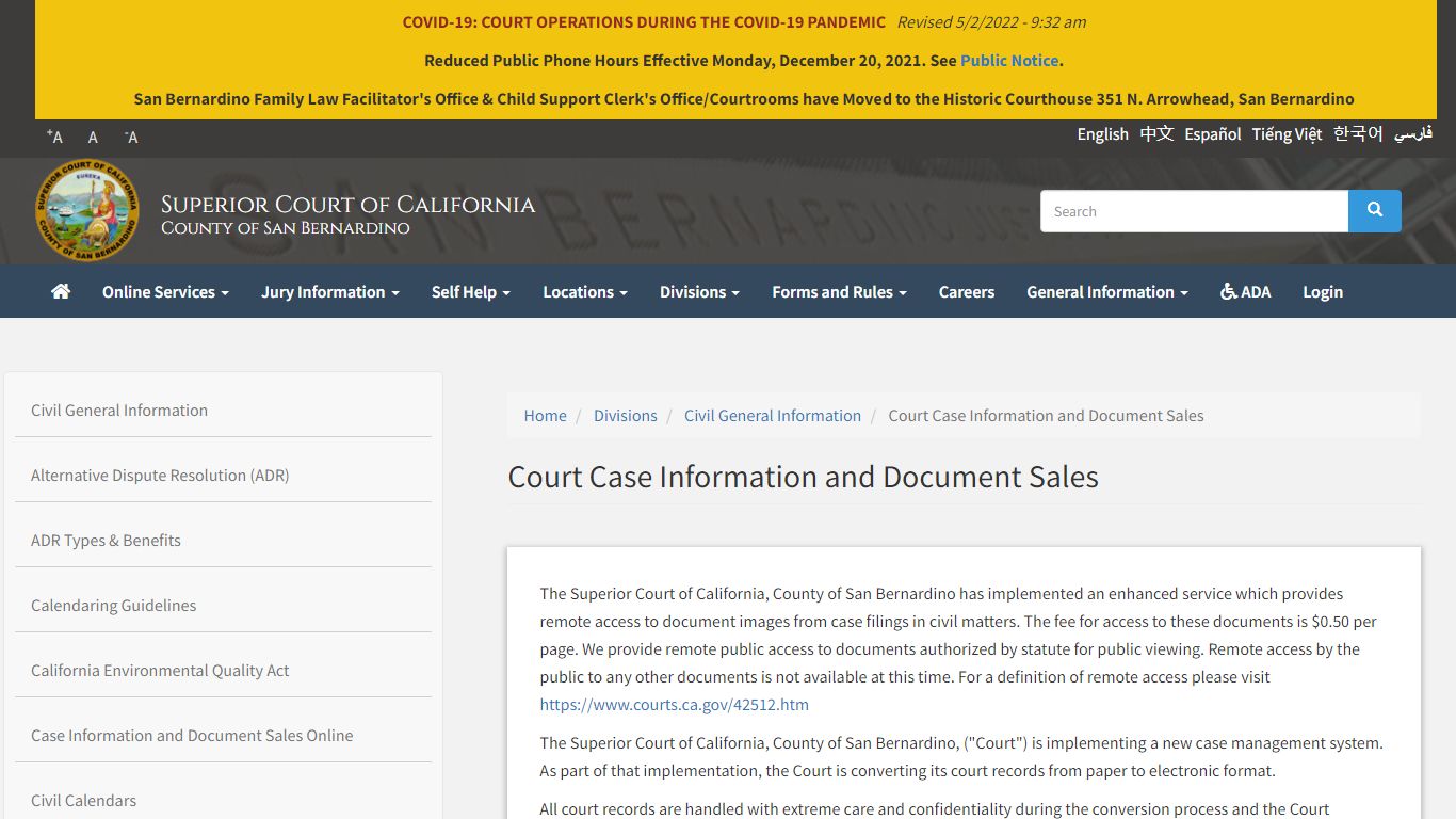 Court Case Information and Document Sales | Superior Court of California